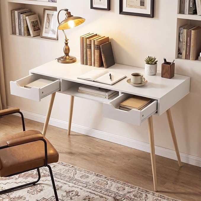 Tangkula White Writing Desk, Simple Computer Desk with 2 Drawers & Open Center Storage, Mid Century Modern Vanity Table, Small Wooden Study Table for Home Office & Compact Spaces