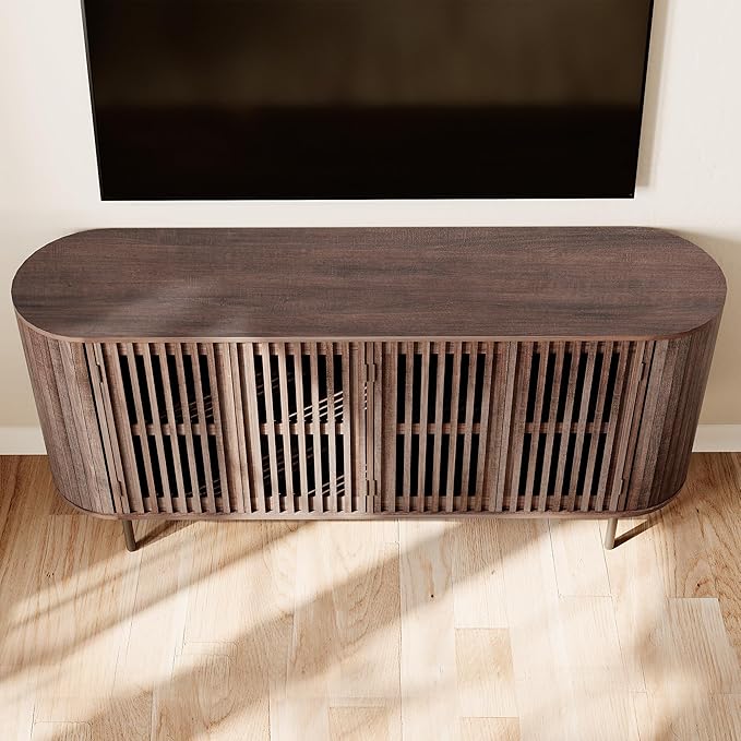 WAMPAT Sideboard Buffet Cabinet with 4 Fluted Doors,64" Wood Accent Storage Cabinet with Curved Design,Credenza for Dining Room,Hallway,Walnut