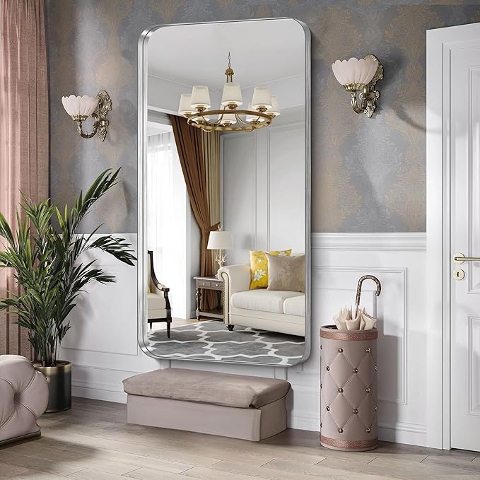 CIRCUMI Silver Bathroom Mirror, 36"x72" Rectangular Mirror with Deep Metal Frame, Rounded Corner, Tempered Glass, Large Mirror for Wall, Over 2 Sinks, Installed Vertically/Horizontally, Crystal-Clear