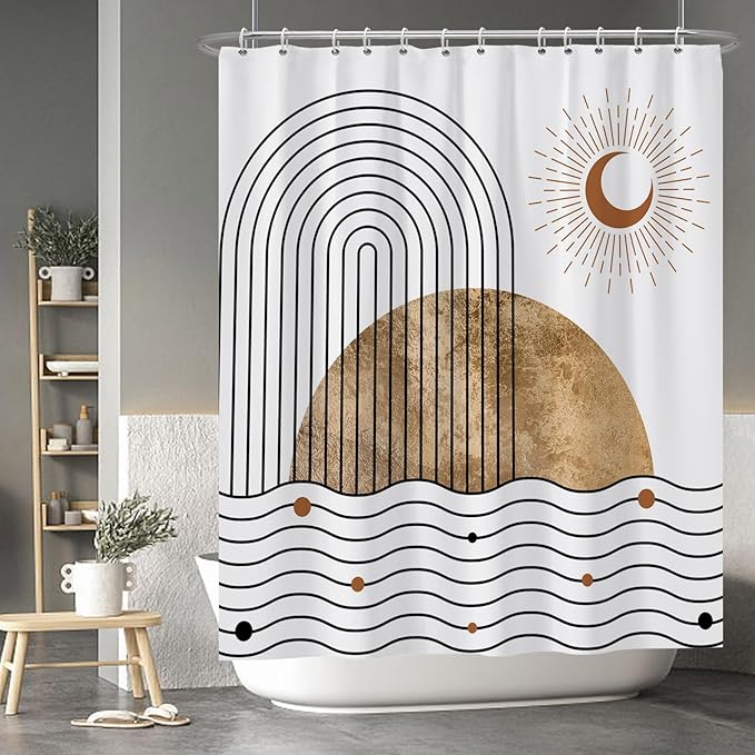 Baocicoo Boho Mid Century Shower Curtain Abstract Wave Shine Crescent Abstract Sun and Moon Shower Curtain for Bathroom Cubicle Durable Fabric Waterproof Curtain for Bathroom with Hooks 60x72 Inches