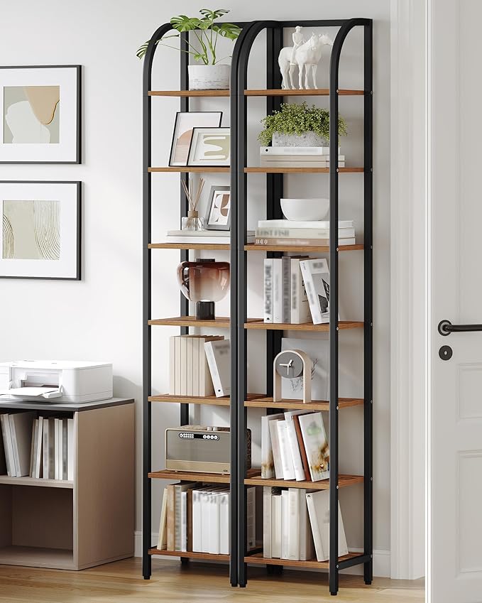 Hzuaneri Bookshelf Narrow Bookcase, Tall Storage Rack with Steel Frame, Display Standing Shelf Unit, Skinny Book Shelf for Study Living Room, Home Office, Industrial, 7-Tier Rustic Brown BC57701B