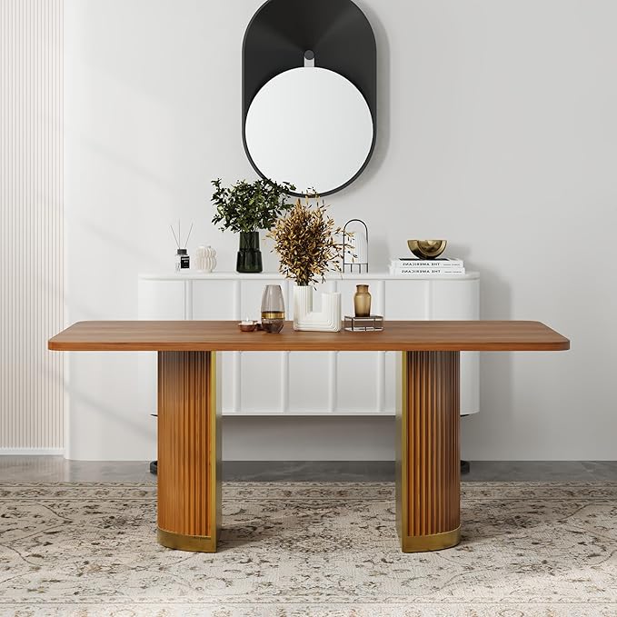 AUZ 70" Mid-Century Modern Dining Table for 4-6, Wood Kitchen Table with Fluted Pedestal Base and Brushed Gold Accents, Large Rectangular Farmhouse Dinner Table, Walnut(Table Only)