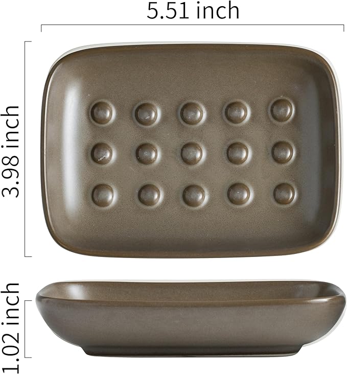 Soap Dish for Shower, Ceramic Bar Soap Holder, Soap Saver Non-Slip, Decorative Sponge Tray for Bathroom Kitchen Sink Bathtub, Multi-Purpose, Raised Pattern - Keep Soap Dry, Brown