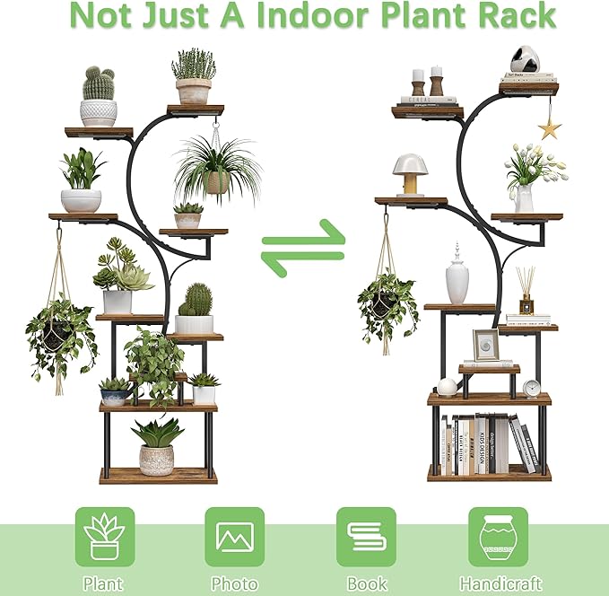 VECELO 66.1" Tall Plant Stand Indoor with Grow Lights, 9-Tier Plant Shelf with Hanging Hooks, S-Shaped Metal Plant Rack, Space-Saving for Home, Living Room & Corner Spaces, Brown