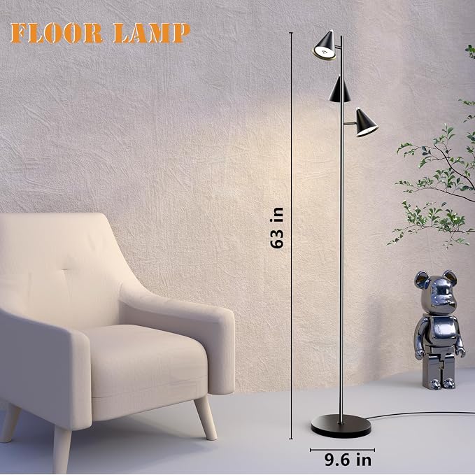 Black Floor Lamp with 3 Rotatable LED Lights，Magnetic Remote，5 Color Temp