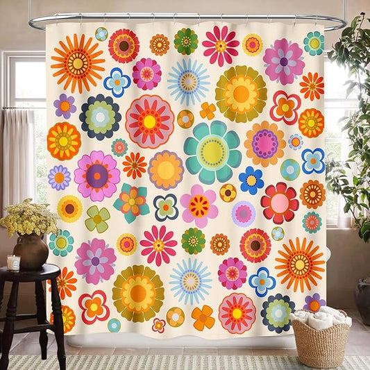 Retro Flower Shower Curtain for Bathroom, Groovy 70s Orange Sun Floral Daisy Hippie Funky Trippy Colorful Vintage Boho Waterproof Fabric Shower Curtain Set with Hooks, 72"x78"