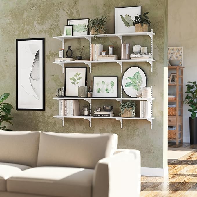 Wallniture Turin 60 inch x 8 in Floating Shelves for Wall Decor, Floating Book Shelf for Living Room, Wall Shelves with Adjustable Standard Rail Bracket System, White, Wood