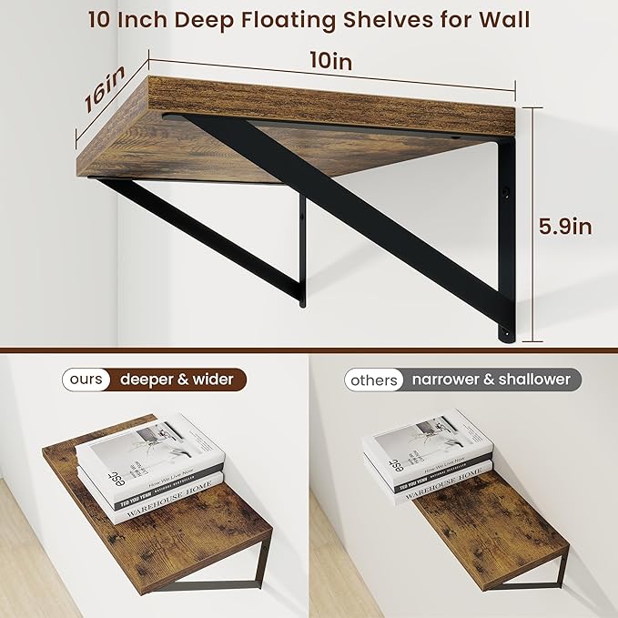 Axeman Deep Floating Shelves | 16 Inch Brown Wall Shelves Set of 2 | 10 Inch Deep Wood Floating Shelves for Wall | 16" W x 10" D Rustic Brown Shelves for Living Room Bathroom Kitchen
