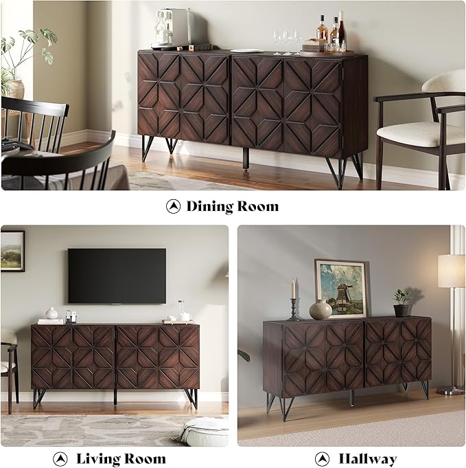 AMERLIFE 63” Solid Acacia Wood Sideboard Buffet Cabinet, Hand-Carved Geometric Door Console with Adjustable Shelves for Hallway, Living Room or Kitchen, Dark Walnut