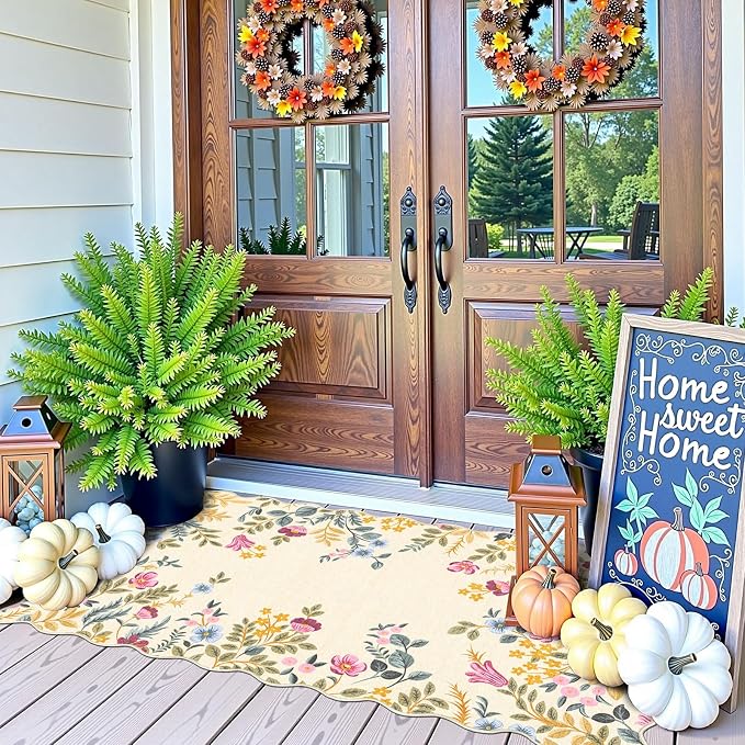 Front Door Mat Indoor Entrance - 2x4.3 Beige Colorful Floral Washable Layered Doormat Outdoor Entrance Porch Rug Non-Slip Boho Runner Rug for Kitchen Hallway Bedroom Laundry Room Porch Decor