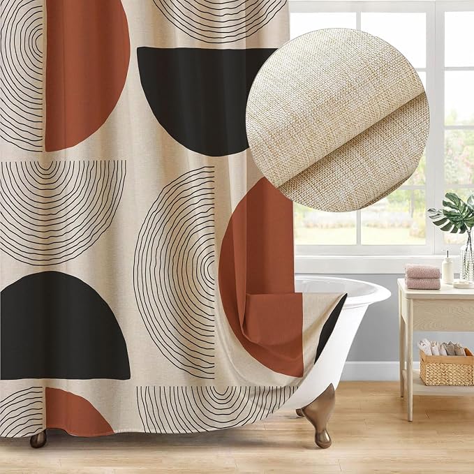 Boho Minimalistic Linen Shower Curtain Abstract Geometric Shapes Lines Fabric Shower Curtain Set with Hooks, Mid Century Modern Shower Curtains for Bathroom, 71x78 Bath Curtain