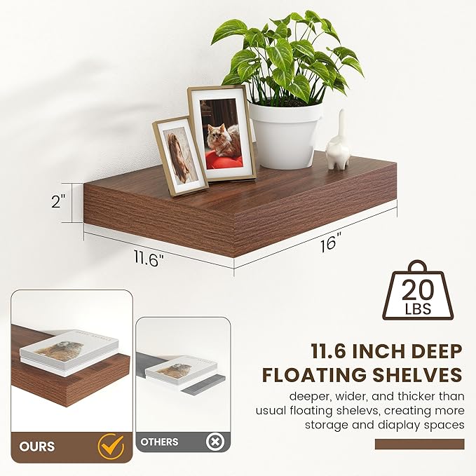 Deep Floating Shelves | 16 Inch Walnut Floating Shelves Set of 2 | 12 Inch Deep Rustic Wood Shelves for Wall | Walnut Shelves for Living Room Bathroom Kitchen Bedroom