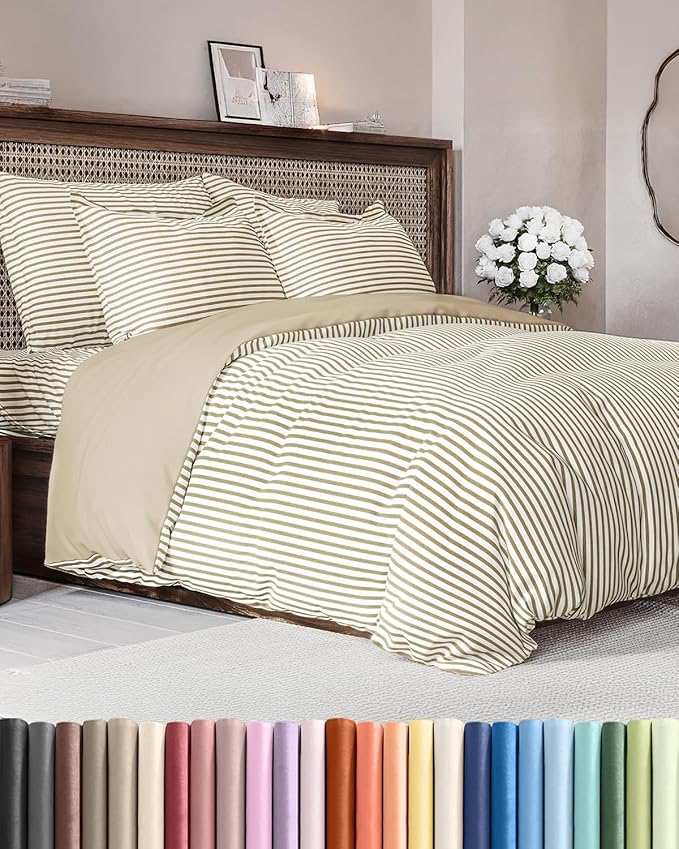 Duvet Cover Full Size - Extra Soft Full Size Duvet Cover - Lightweight, Breathable, Easy Care & Fade Free w/Zipper Closures & Ties - 80" x 90" Inches - (Beige Stripes 2) Comforter Not Included