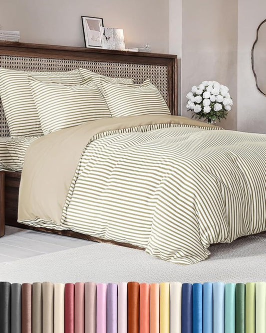 Duvet Cover Full Size - Extra Soft Full Size Duvet Cover - Lightweight, Breathable, Easy Care & Fade Free w/Zipper Closures & Ties - 80" x 90" Inches - (Beige Stripes 2) Comforter Not Included
