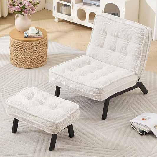ANJ Accent Chair with Ottoman Adjustable Backrest, Beige Living Room Chair Tufted Upholstered Lounge Chair with Footrest Set, Modern Chair Cozy Reclining Chair for Reading Room Bedroom