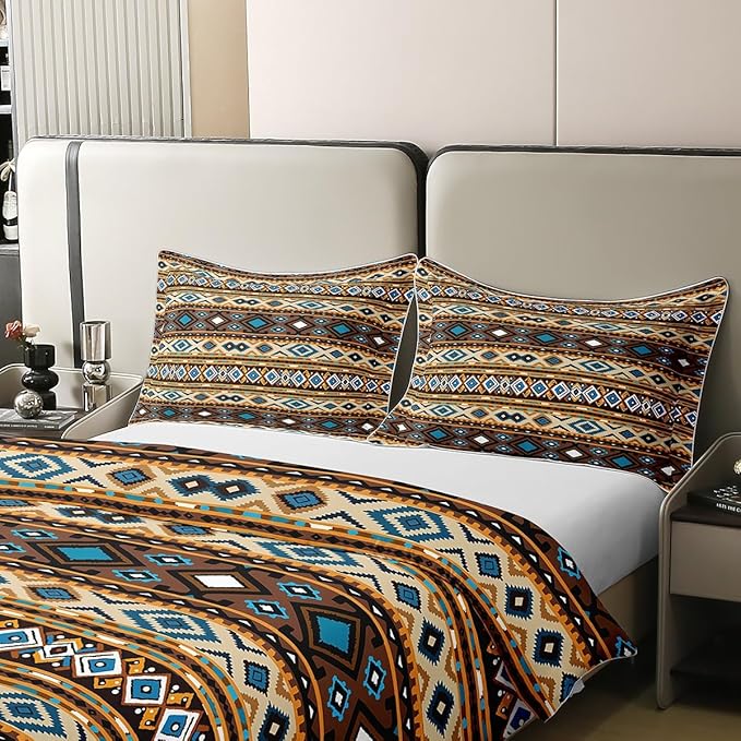 Erosebridal 100% Natural Cotton Boho Tribal Duvet Cover King, Retro Exotic Bedding Set, Vintage Lattice Bohemian Comforter Cover, Orange Antique Grid Damask Tribal Ethnic Egyptian Quilt Cover