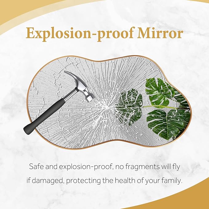 Bathroom Mirror - Gold Irregular Wall Mirrors Decorative 26"x46" Asymmetrical Tempered Glass Aviation Aluminum Alloy Frame for Vanity, Bedroom, Living Room, Cloakroom, Entryway