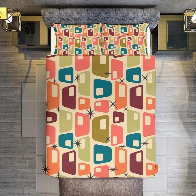 Modern Mid Century Duvet Cover Queen Retro Atomic Bedding Set, Rainbow Grid Comforter Cover Vintage Fifties 1950s Bed Set，Abstract Art Bedding 3 Piece (1 Duvet Cover 79"x90" + 2 Pillow Sham 20"x30")