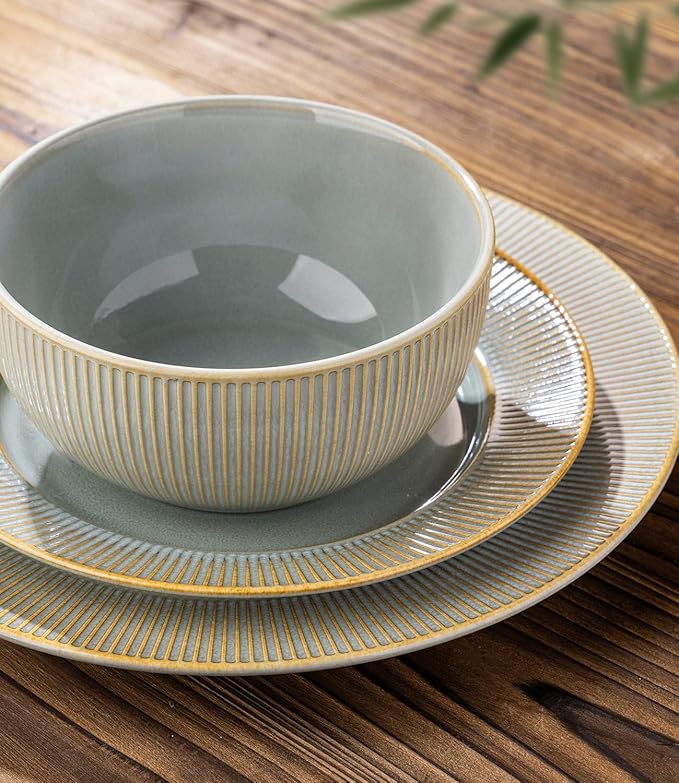 TheTerra Stoneware Dinnerware Sets for 6, 18 Pieces Ceramic Lightweight Plates and Bowls Sets, Scratch Resistant Embossed Dish Set, Oven, Microwave & Dishwasher Safe, Desert Sage