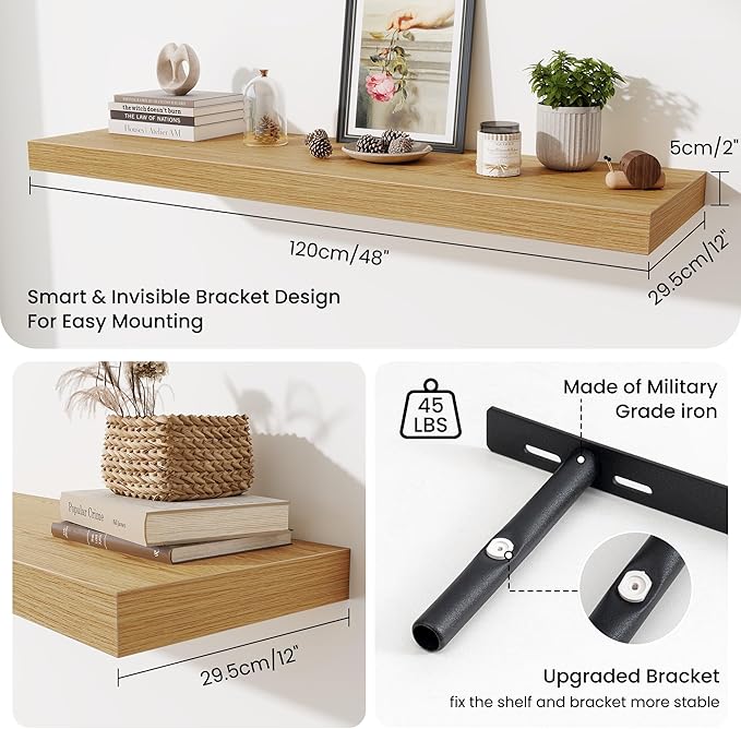 Fun Memories 48 Inch Floating Shelves for Wall - 12 Inch Deep Fireplace Mantel Shelf - Wood Floating Shelf for Wall - Large Storage Shelves Wall Mount for Living Room & Bedroom - Oak - Set of 2