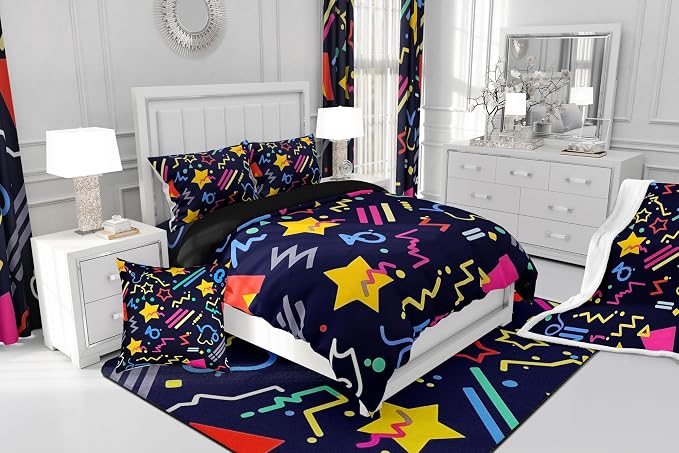 80s 90S Fashion Style Bedding Set Queen Size,Retro Memphis Style Pattern with Geometrical Shapes Duvet Cover for Kids Child,Funky Hipster Old Fashioned Comforter Cover Geometric Bedroom Decor