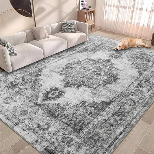 Area Rug 6x9 Vintage Rugs: Washable Indoor Medallion Rug Low Pile Distressed Floor Carpet Retro Accent Rugs for Living Room Bedroom Kitchen Dining Table Home Office(Black, 6'x9')