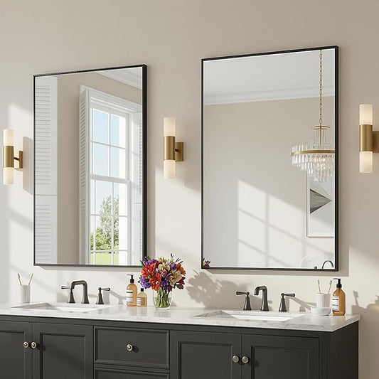 2-Pack Bathroom Mirrors for Over Sink 24" x 36", Black Metal Frame Rectangle Wall Mirror, Modern Farmhouse Vanity Mirror(Horizontal/Vertical)