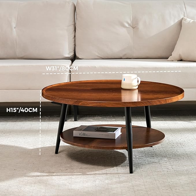 Saint Mossi Modern Coffee Table for Living Room, Mid-Century Round Wood Coffee Table, 2-Tier Center Table for Small Space, Walnut, W31xH15