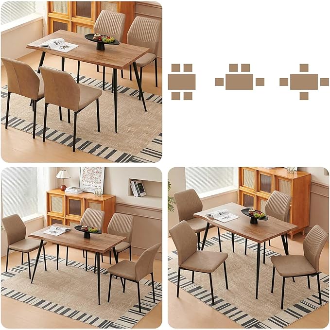 Dining Table Set for 4, Modern Wood Irregular Rectangle Dining Table,Leather Dining Chairs 4,Table and Chairs Set of 4 for Kitchen Dining Room, Beige