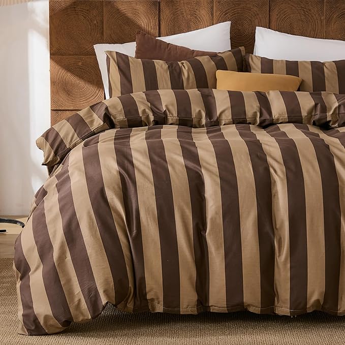 Merryword Brown Striped Duvet Cover Set Queen Size, 100% Natural Cotton Linen Like Duvet Cover Set with Zipper Closure & 8 Corner Ties, Brown Khaki Soft Reversible Bedding for All Seasons