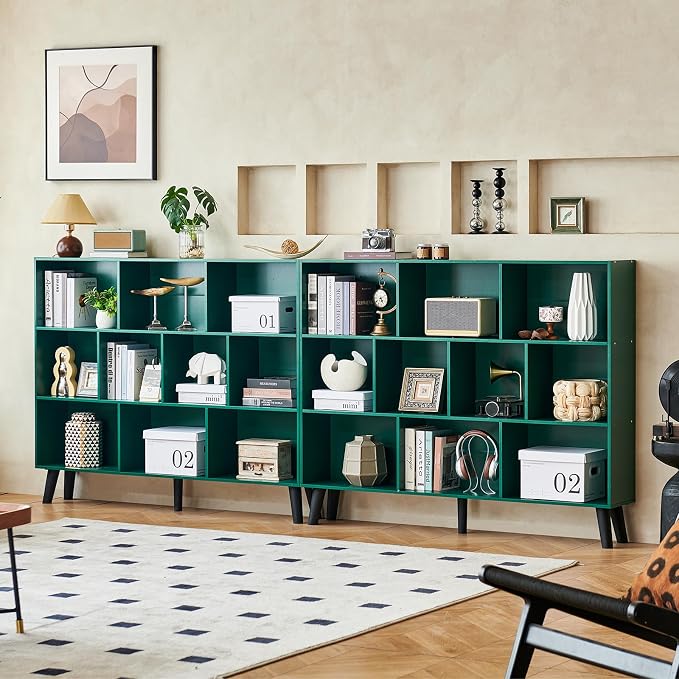 LEYAOYAO 10 Cube Bookshelf, 3 Tier Vintage 55" Wide Bookcase with Legs, Mid-Century Wood Bookshelves Storage, Dark Green Large Book Case, Freestanding Organizer Display Shelf for Living Room, Office