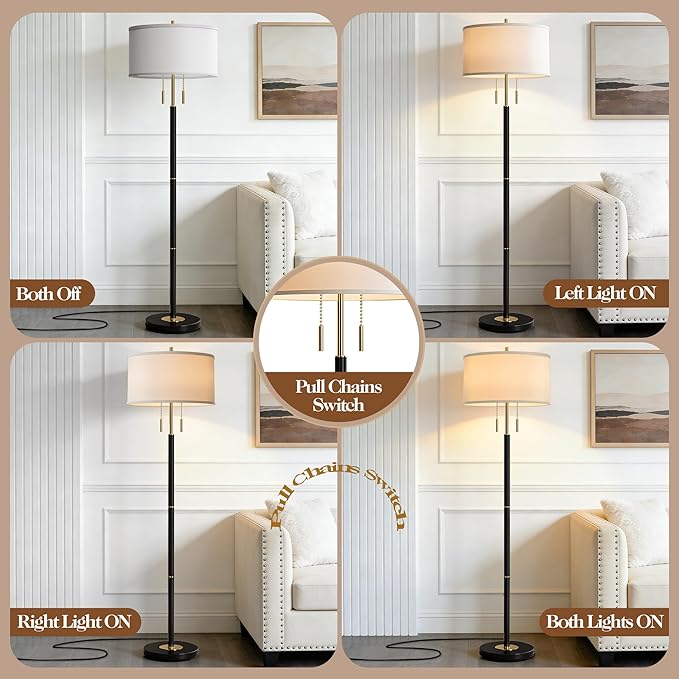 2-Light Mid Century Modern Floor Lamp, Standing Lamp with Fabric Shade and Pull Chain Switch, Tall Floor Lamp for Living Room, Bedroom,Office Corner (Black, 2X 3CCT Bulb Included)