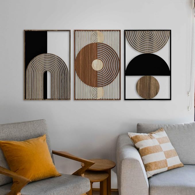 Geometric Mid Century Wood Wall Art Set, Scandinavian Boho Wooden Wall Decor, Modern Abstract Triptych Panels, Large Housewarming Gift for Living Room and Bedroom