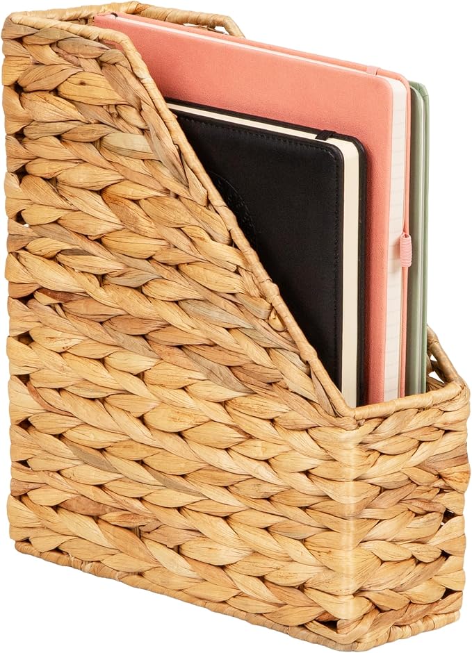 Mind Reader Rattan Vertical File Organizer with Iron Frame, Desktop Organizer, Holds Letter Size Documents, Brown