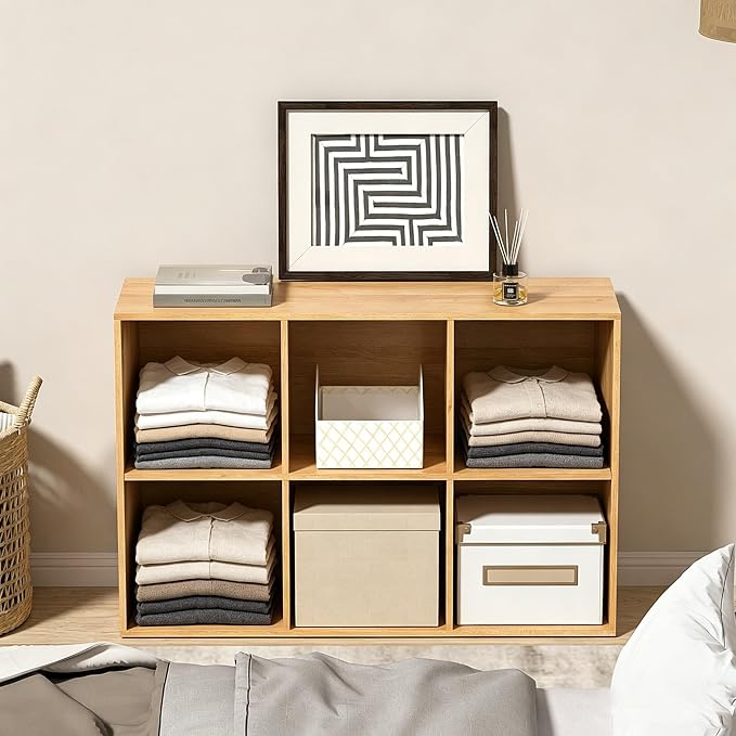 Wooden 6 Cube Storage Organizer with Closed Back Panel,Natural Oak Cube Shelf Cubby Storage Organizer with Compartments for Living,Bookshelf, Easy to Install (Oak, 6 Cube-11in)
