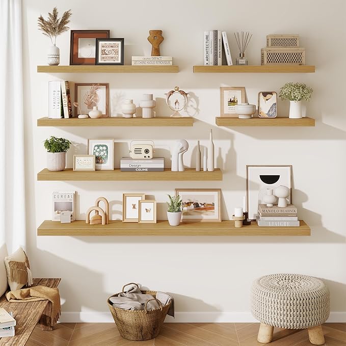 Fun Memories 48 Inch Floating Shelves for Wall - 10 Inch Deep Fireplace Mantel Shelf - Wood Floating Shelves for Wall - Large Storage Shelf Wall Mount for Living Room & Bedroom - Oak - Set of 1
