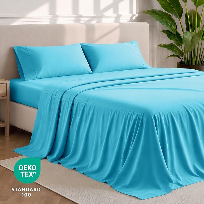 Bare Home Queen Sheet Set - 1800 Ultra-Soft Microfiber Queen Bed Sheets - Double Brushed - Deep Pockets - Easy Fit - 4 Piece Set - Bedding Sheets & Pillowcases (Queen, Aqua)