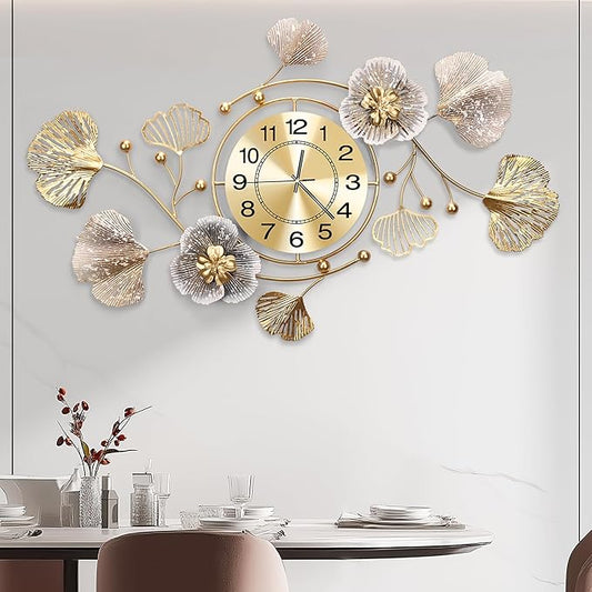 Clocks for Living Room, Large Wall Clock, Silent Wall Clock, Retro Metal Ginkgo Leaf Design, for Bedroom Kitchen Decorative Wall Clocks（47''x23'' ）
