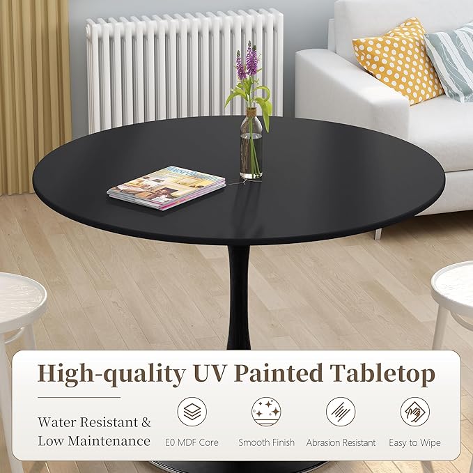 42 Inch Round Dining Table,Mid-Century Tulip Table with Metal Pedestal Base,Modern Leisure Table for Small Space Kitchen Dining Room,Easy Assembly,Black