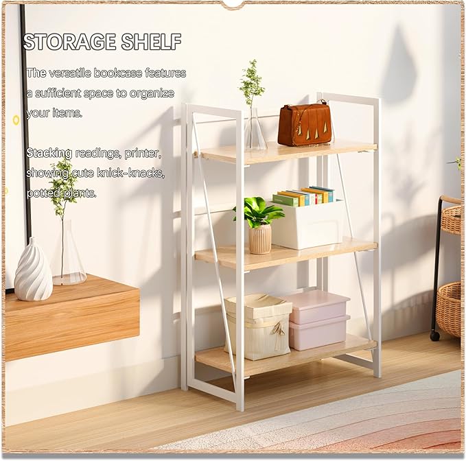 4NM No Assembly 3 Tiers Collapsible Book Shelves, Folding Bookshelf Bookcase Open Industrial Foldable Shelves for Bedroom, Living Room, Home Office - Natural White