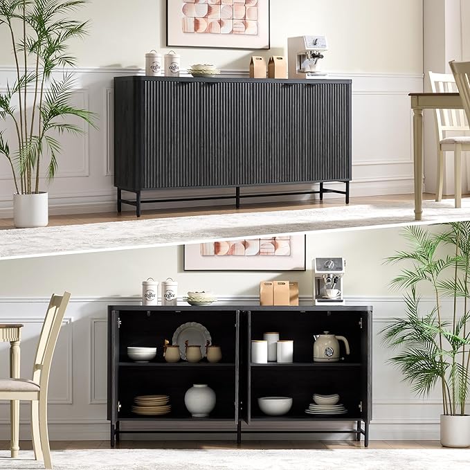 65" Large Sideboard Buffet Cabinet with Storage,Modern Fluted Credenza with Doors & Adjustable Shelves,Accent Coffee Bar/TV Console for Dining Room & Living Room,Black Gray