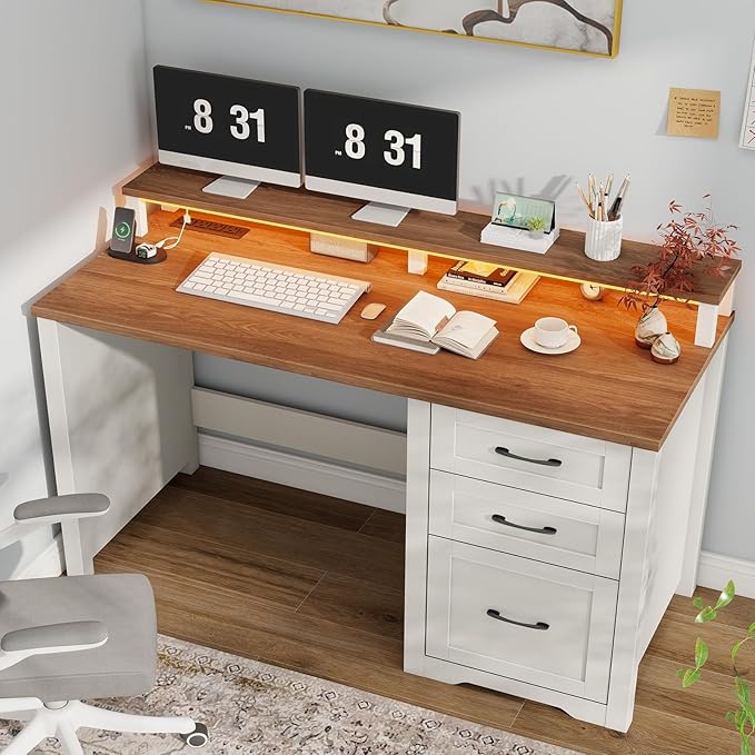 Vabches 47" Farmhouse Executive Desk with Monitor Stand & File Cabinet,3 Drawers Computer Desk with LED Lights and Power Outlets,Workstation for Home Office, Study,Writing.（Unique White）