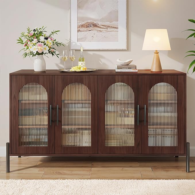 HUAHUU 55" Buffet Cabinet with Storage, Large Sideboard Buffet Cabinet with 4 Doors & 2 Adjustable Shelves, Modern Sideboard Storage Cabinets for Kitchen Living Room Entryway, Walnut