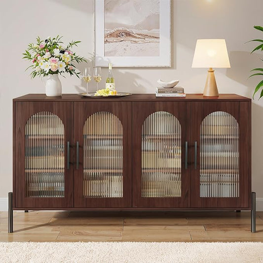 HUAHUU 55" Buffet Cabinet with Storage, Large Sideboard Buffet Cabinet with 4 Doors & 2 Adjustable Shelves, Modern Sideboard Storage Cabinets for Kitchen Living Room Entryway, Walnut