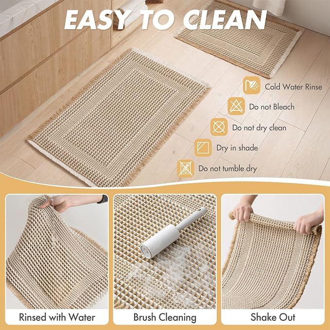 MIULEE Set of 2 Waffle Bathroom Rugs, Boho Bath Rug Super Absorbent, Non Slip Washable Ultra Soft Rubber Backed Beige Bath Mats for Floor, Tub, Shower, Looped Design, Brown & Cream, 18x30 Inch