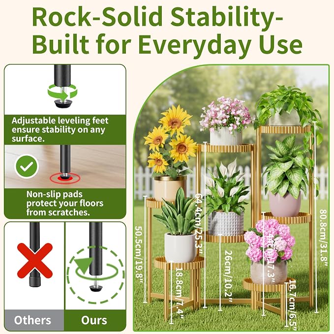 7 Tier Large Tiered Plant Stand Indoor, 7.9 Inch Wide Tall Corner Metal Plant Stands Outdoor for Multiple Plants, Flodable Tall Flower Display Holder Rack Shelf for Patio Balcony House -GoldFloroma