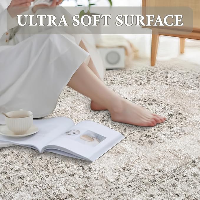 Area Rug 9x12 Vintage Rug: Large Washable Indoor Medallion Rugs Low Pile Distressed Floor Carpet Retro Accent Rug for Living Room Bedroom Kitchen Dining Table Home Office(Distressed Taupe, 9'x12')
