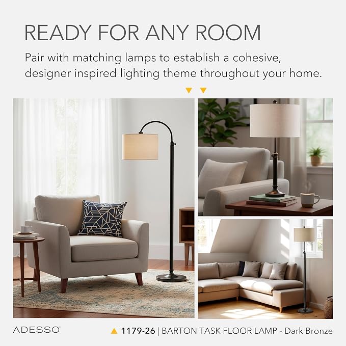 Adesso Antique Bronze Floor Lamp with Oatmeal Linen Shade – Adjustable Height Accent Light for Bedroom, Living Room, or Home Office, up to 68” Tall