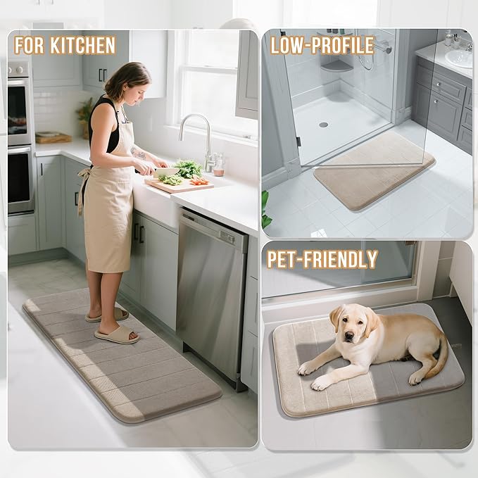 Yimobra Memory Foam Bath Mat, Super Soft Absorbent Bathroom Rug Non Slip, Quick Dry, Machine Washable Floor Carpet for Tub Shower, Home Decor Accessories, 24x17, Beige