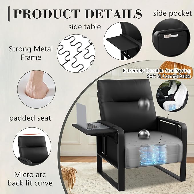 Alunaune Upholstered Living Room Chair Armchair, Mid Century Faux Leather Metal Accent Chair, Reception Couch Slipper Club Lounge Chair Guest Comfy Single Sofa with Sidetable for Bedroom-Black